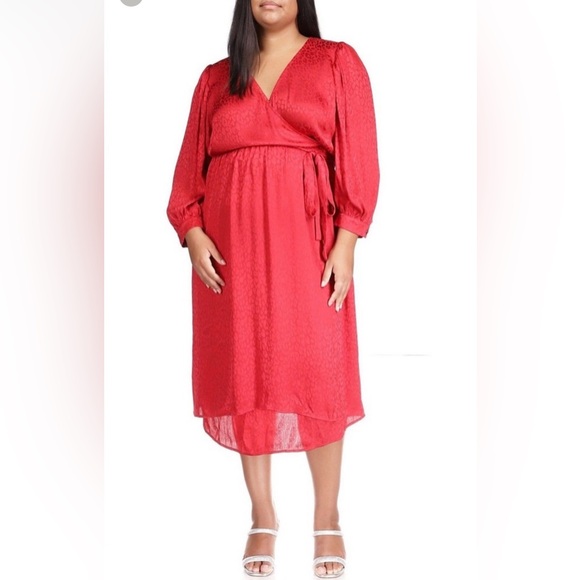 Michael Kors Red Cheetah Jacquard Midi Wrap Dress with 3/4 Sleeves NWT size 3X - Picture 2 of 13